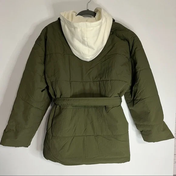25) NWT BLANK NYC Olive Green & Cream Hooded Quilted Tie Waist Puffer Jacket MED - Picture 9 of 14